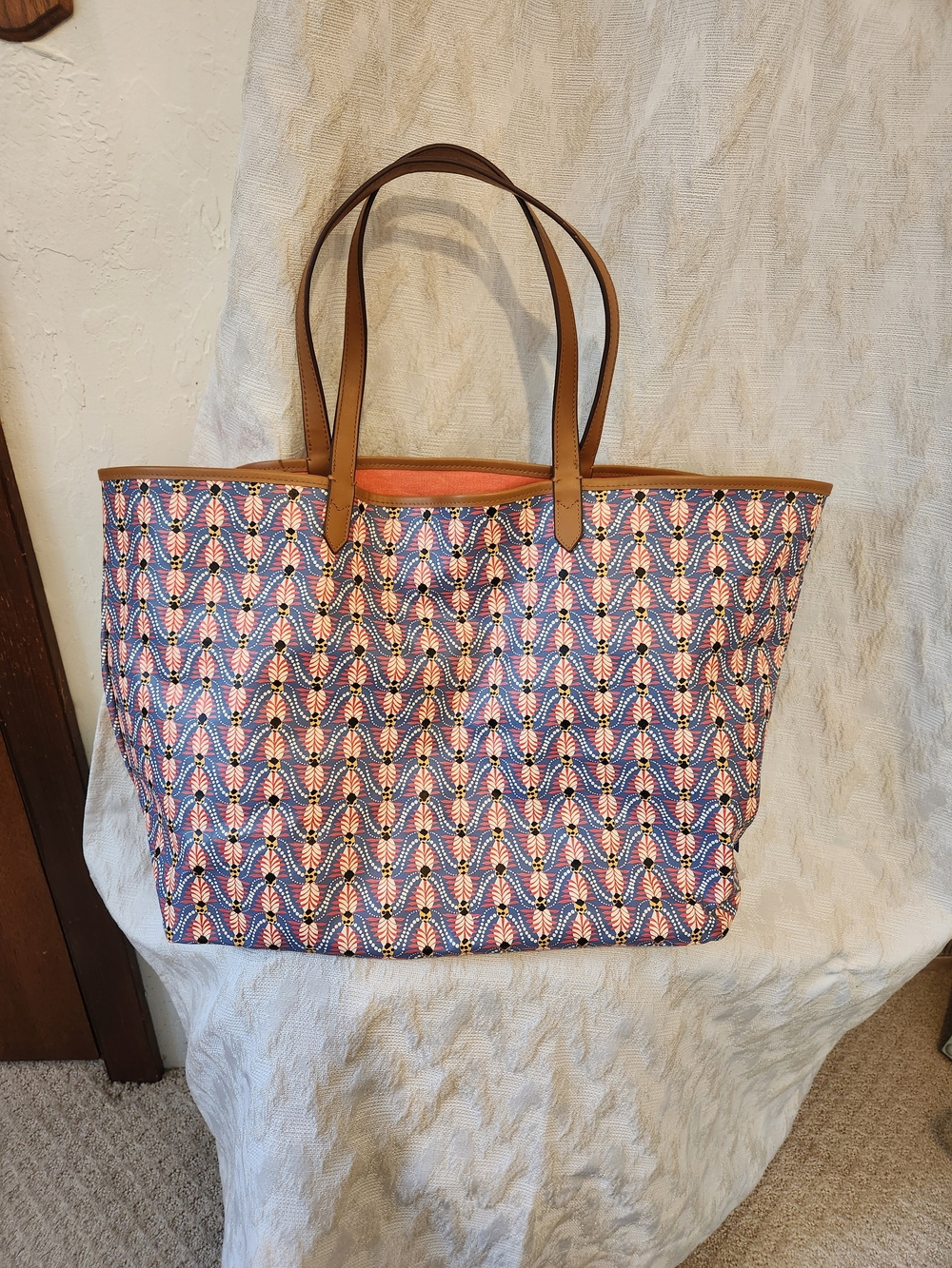 Stella & Dot Reversible Multicolor Geometric Canvas Tote with Tan Handles